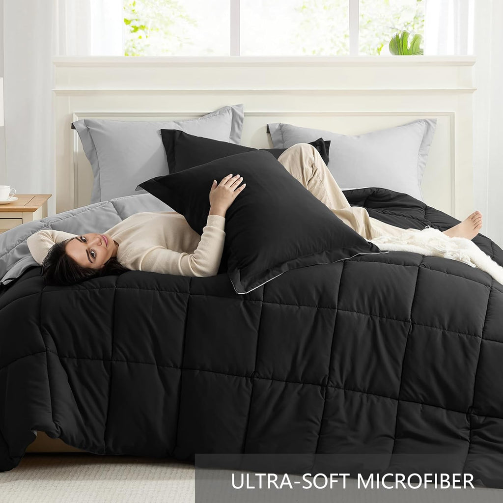King Reversible Comforter Set – Black/Grey, Lightweight All-Season 3-Piece Bedding
