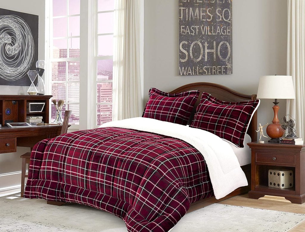 King/Cal King 3-Piece Reversible Plaid Comforter Set – Micromink Sherpa, Down Alternative, Burgundy