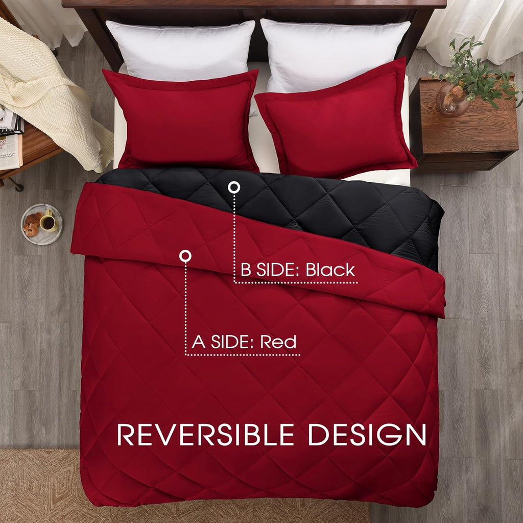 Queen Comforter Set – Reversible Red & Black All-Season Bedding with 2 Pillow Shams