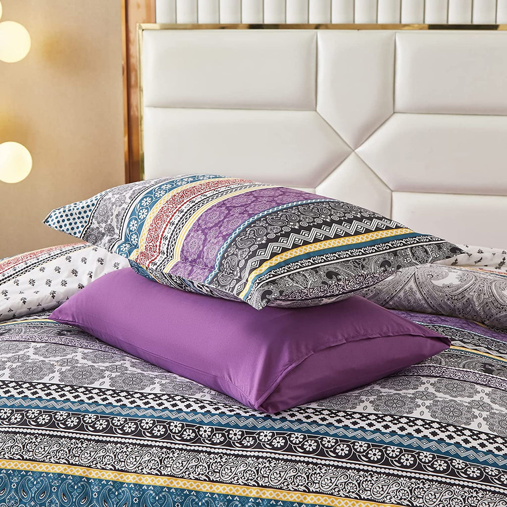 8-Piece Queen Bed-in-a-Bag Comforter Set – Boho Striped Purple, Includes Sheets & Shams