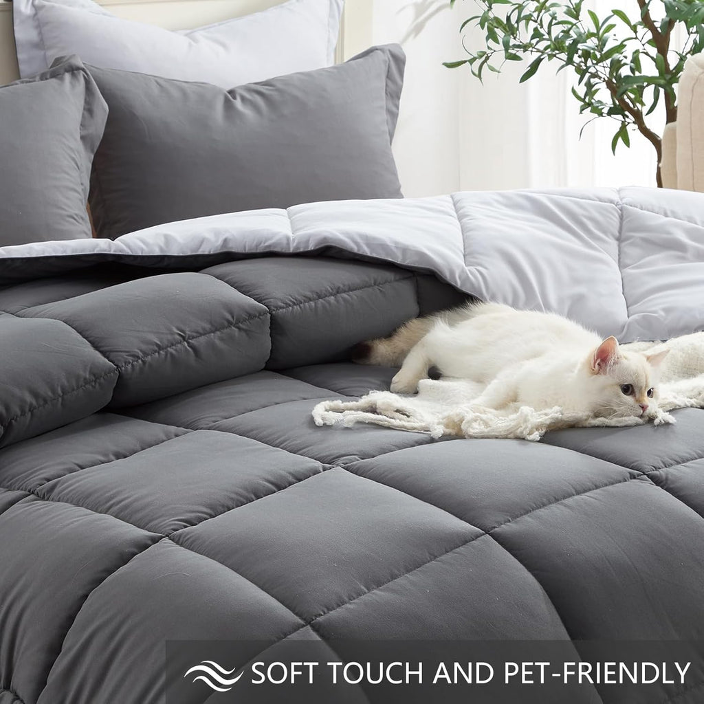 Twin Comforter Set – Reversible Grey & Light Gray, Soft Lightweight Down Alternative, All-Season 2-Piece