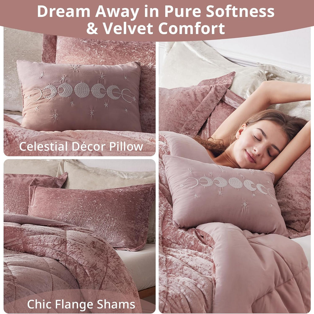 Velvet Comforter Set Full/Queen – 4-Piece All-Season Diamond Quilted Bedding, Blush