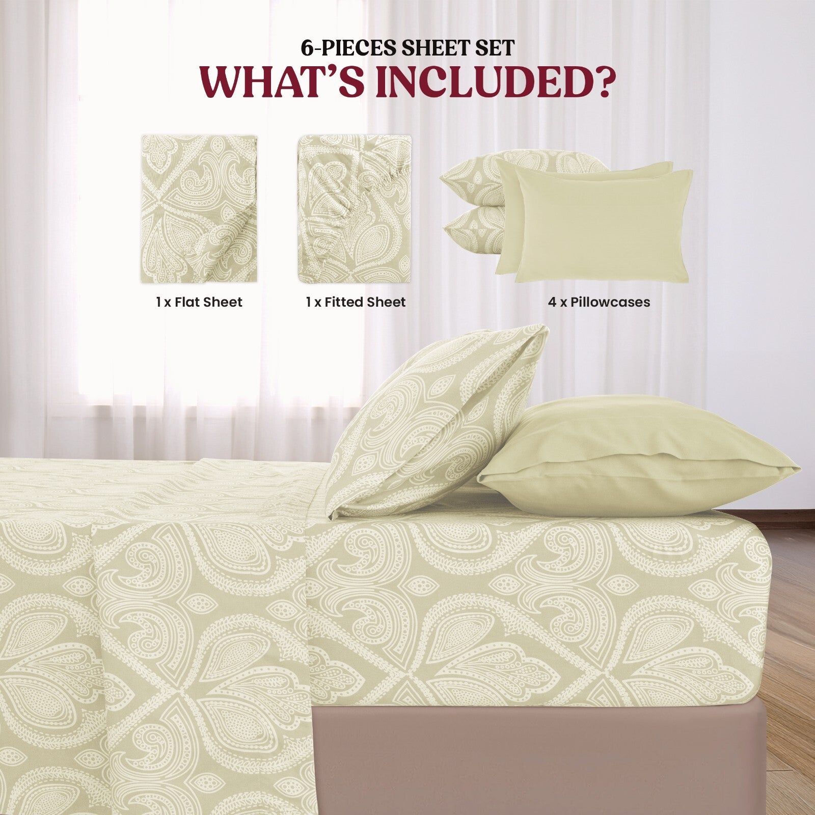 Luxury 1800 Series Microfiber Bed Sheet Set – 6 Piece Deep Pocket Paisley