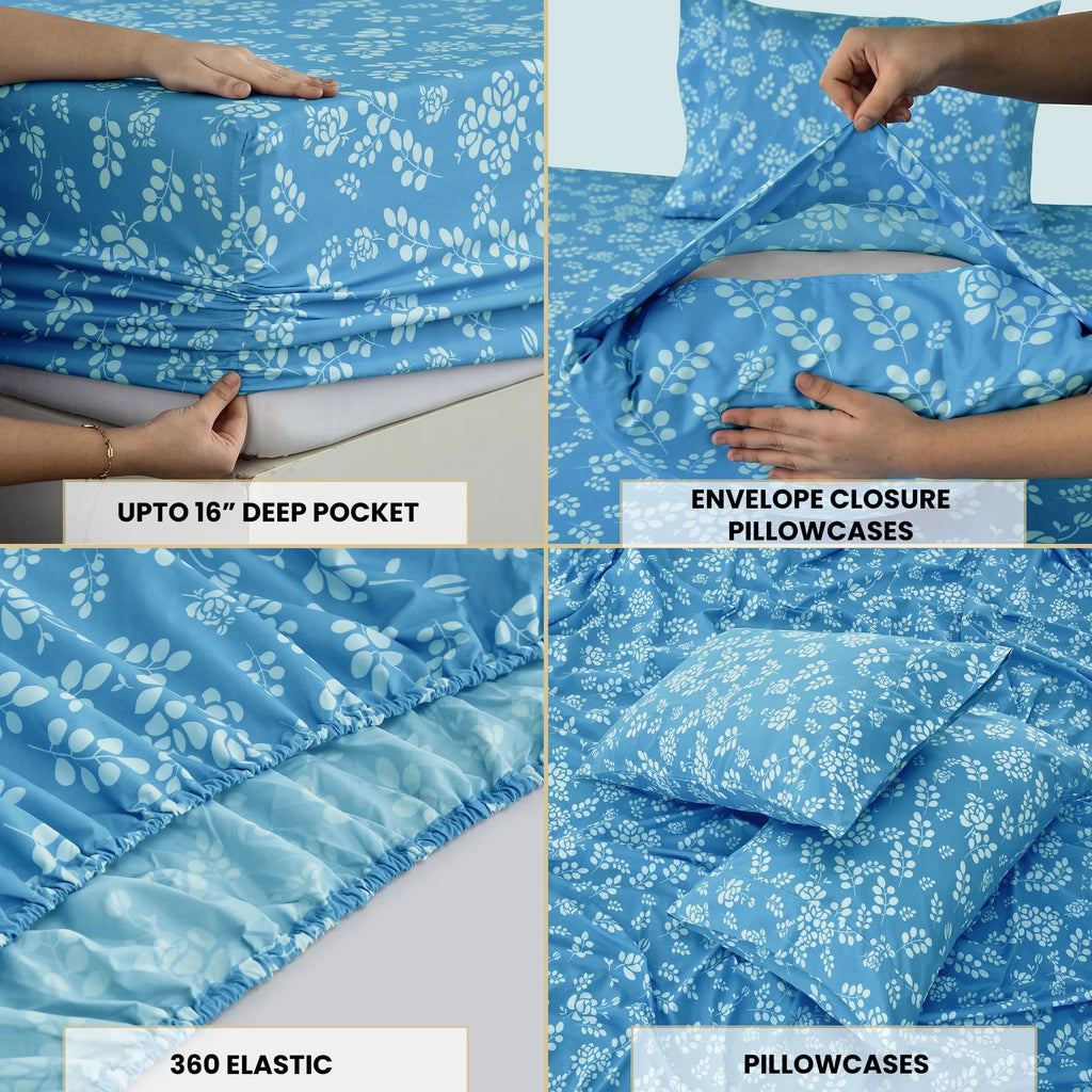Twin Size Floral Microfiber Bed Sheet Set – 3 Piece, Deep Pocket, Blue