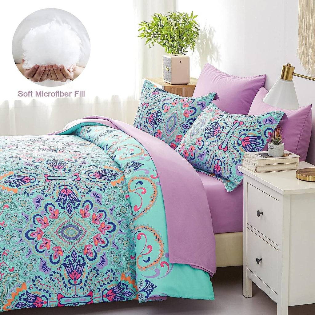 Twin 5-Piece Comforter Set – Boho Aqua & Lilac Damask, Bed-in-a-Bag, Includes Sheets & Shams