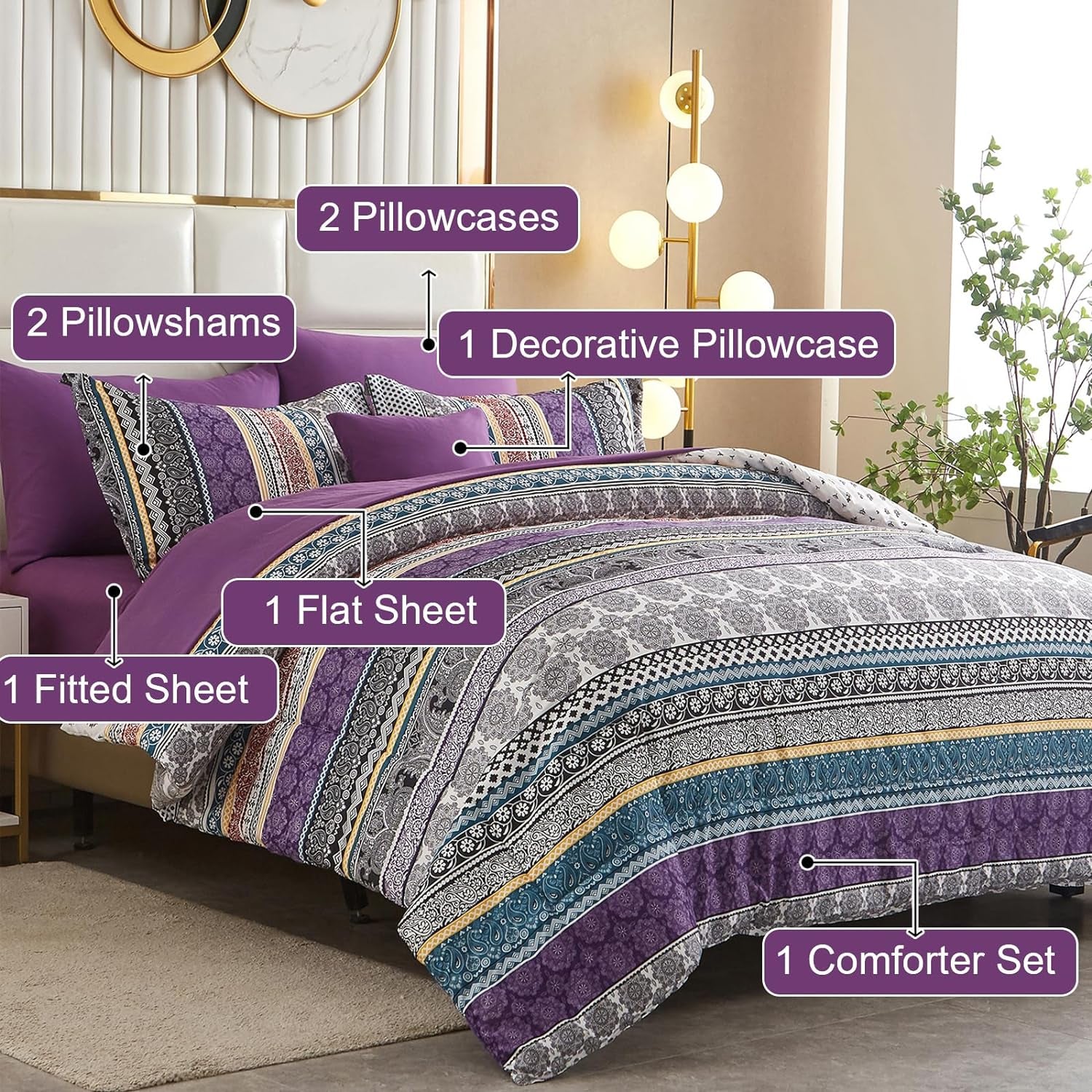 8-Piece Queen Bed-in-a-Bag Comforter Set – Boho Striped Purple, Includes Sheets & Shams
