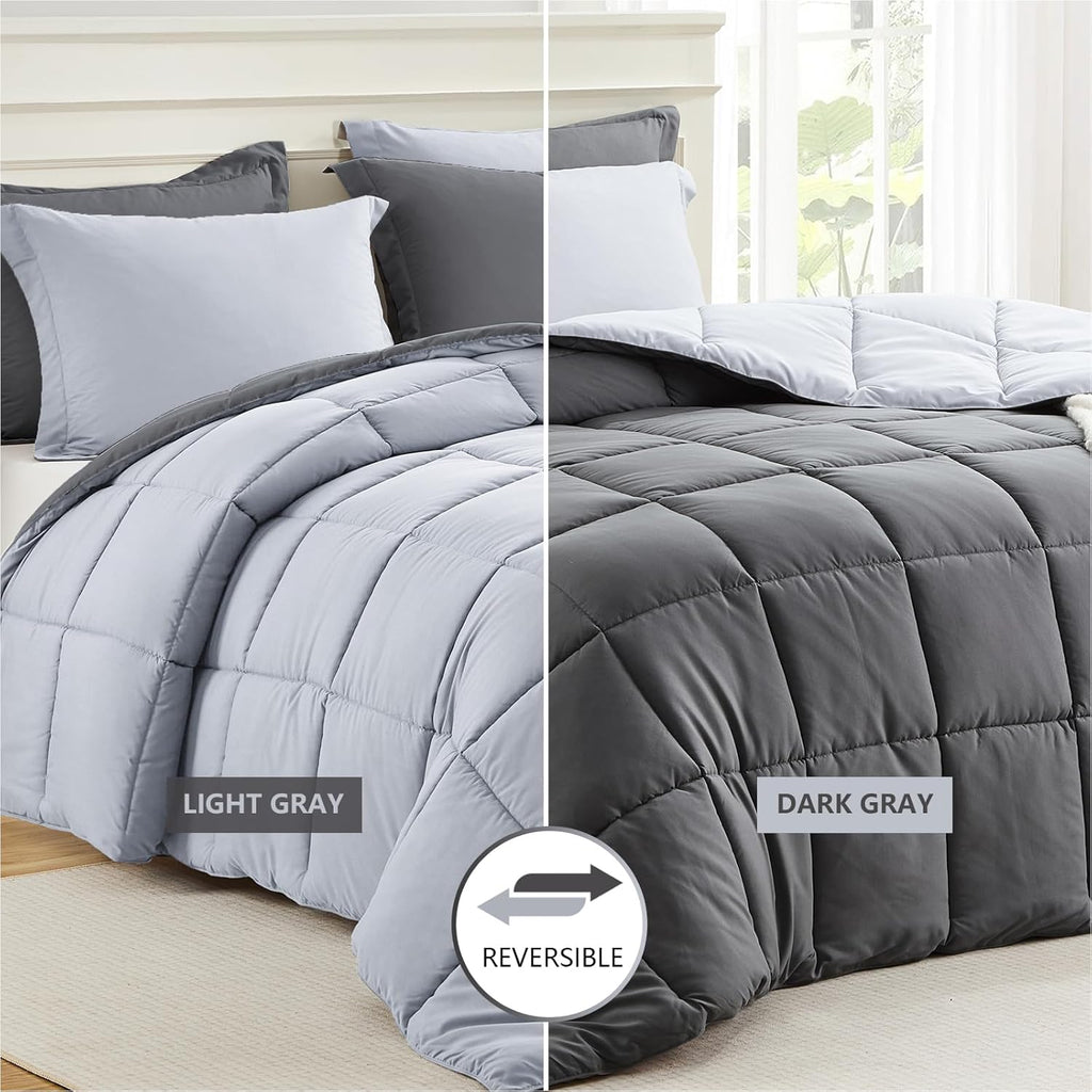 Twin Comforter Set – Reversible Grey & Light Gray, Soft Lightweight Down Alternative, All-Season 2-Piece