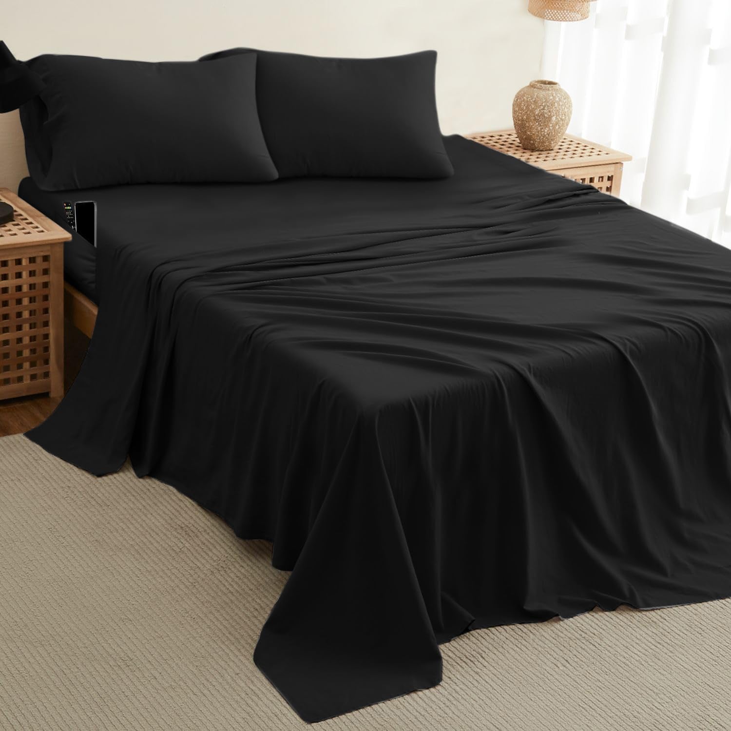 Twin XL 4-Piece Deep Pocket Bed Sheet Set – Ultra-Soft Microfiber, Cooling & Durable, Black