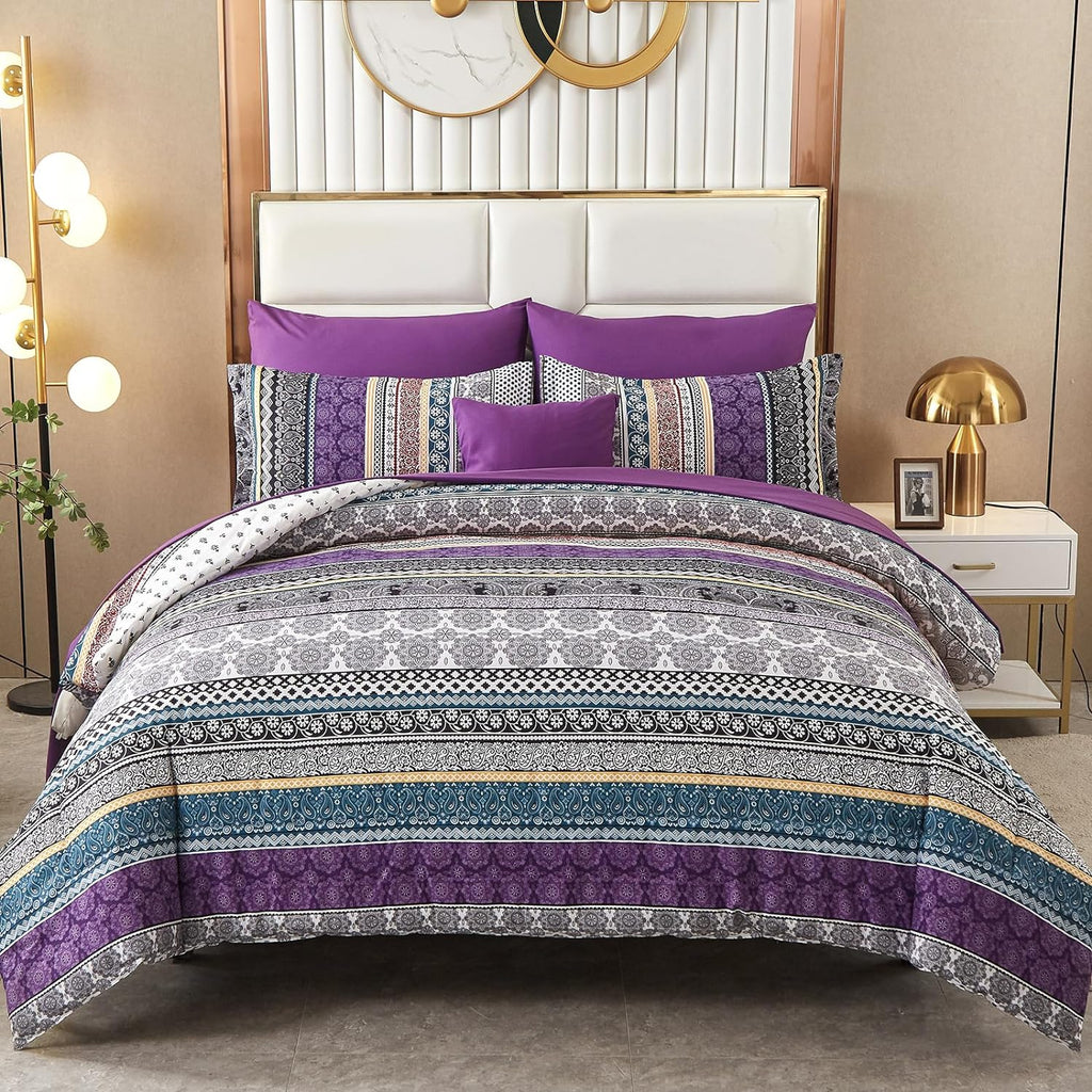 8-Piece Queen Bed-in-a-Bag Comforter Set – Boho Striped Purple, Includes Sheets & Shams