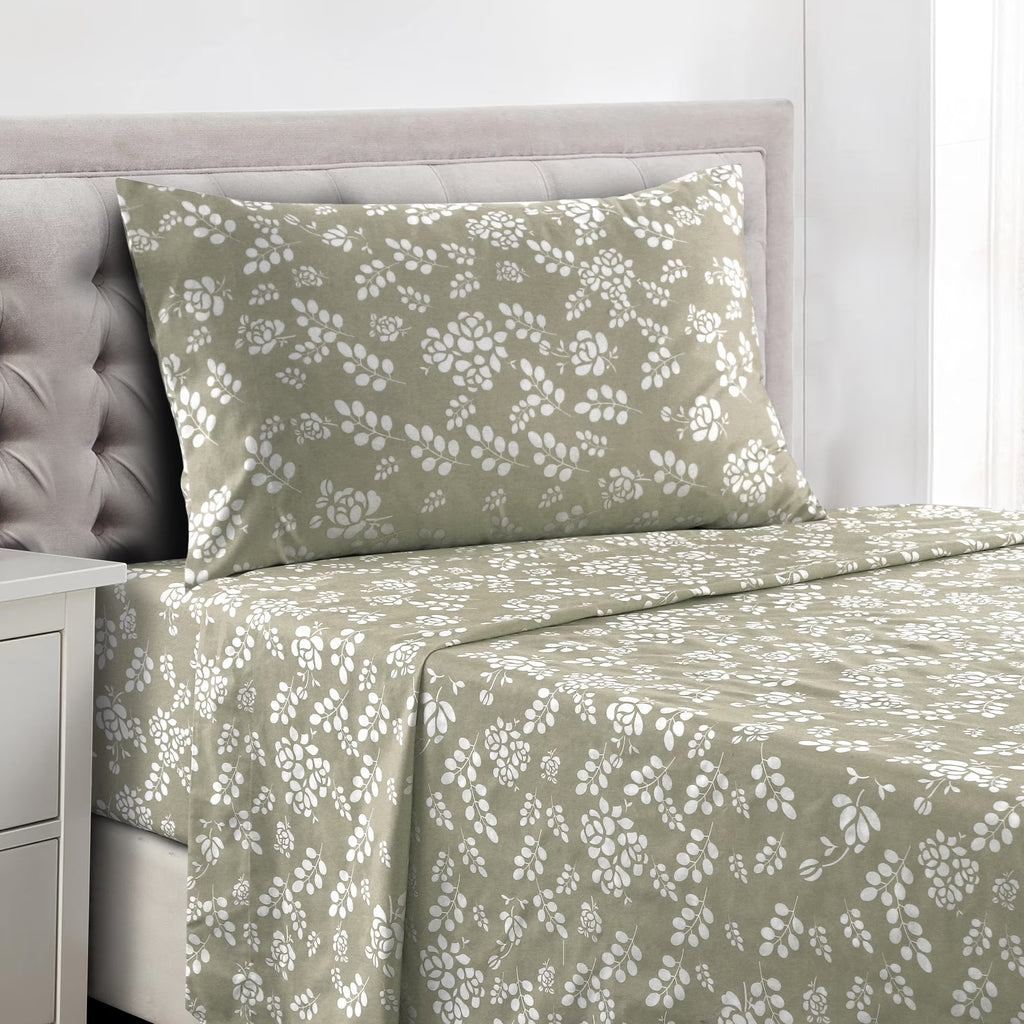 Soft Microfiber Bed Sheet Set – Twin Size, 16” Deep Pocket, Floral Taupe Design