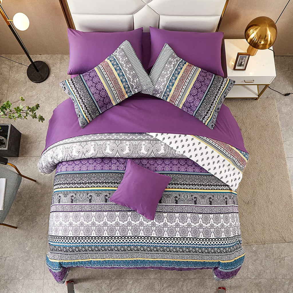 8-Piece Queen Bed-in-a-Bag Comforter Set – Boho Striped Purple, Includes Sheets & Shams