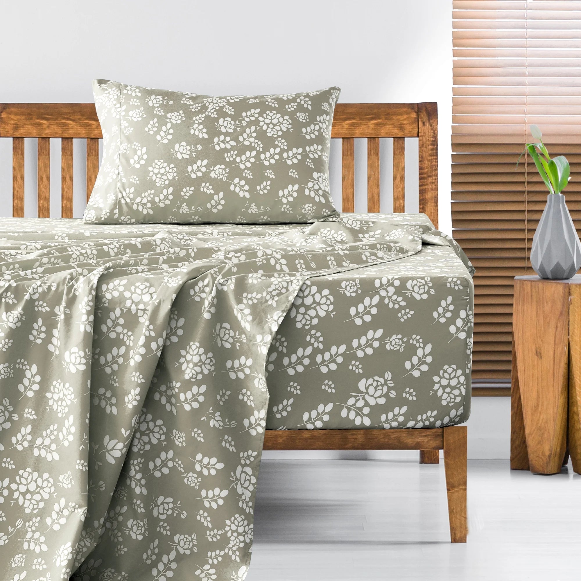 Soft Microfiber Bed Sheet Set – Twin Size, 16” Deep Pocket, Floral Taupe Design