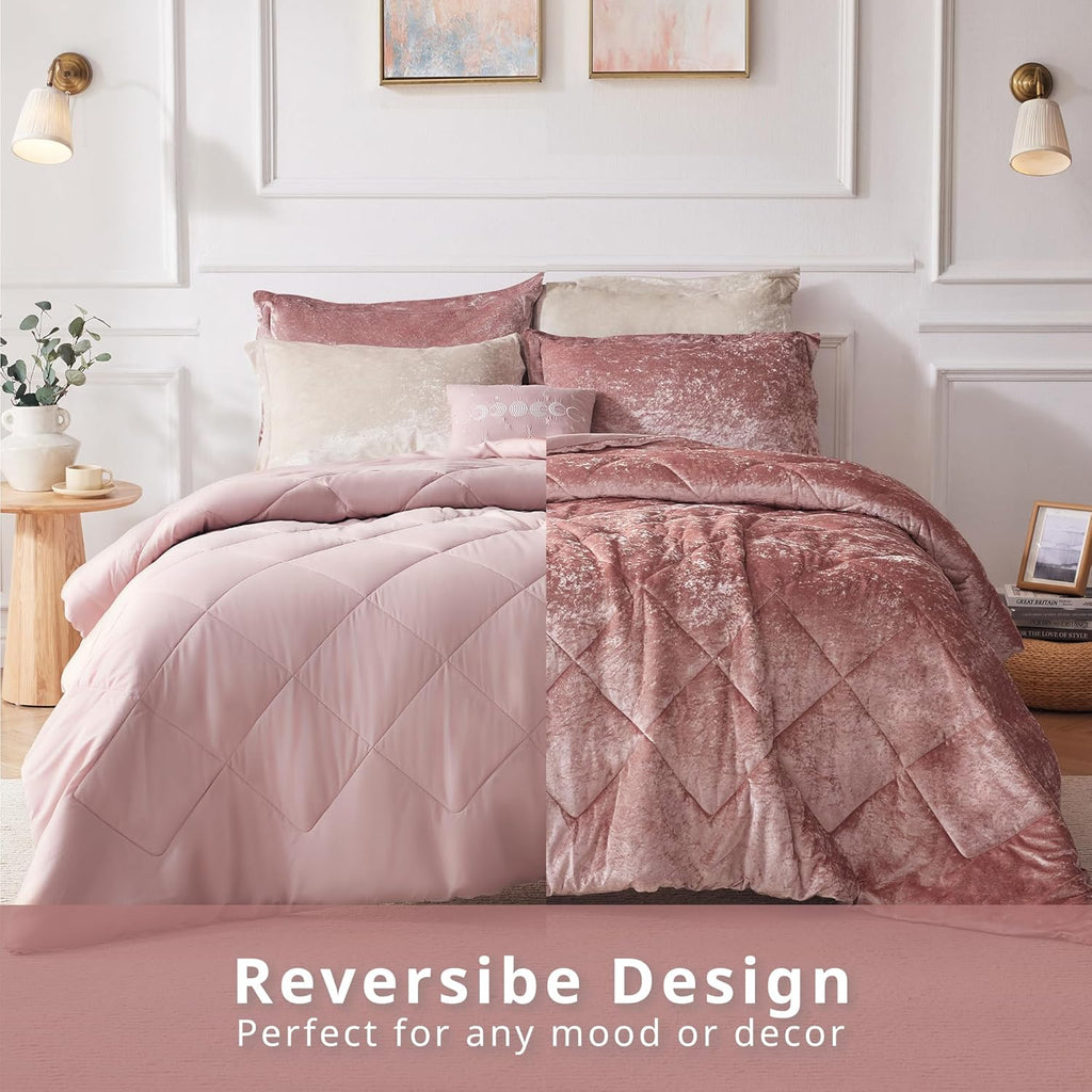 Velvet Comforter Set Full/Queen – 4-Piece All-Season Diamond Quilted Bedding, Blush