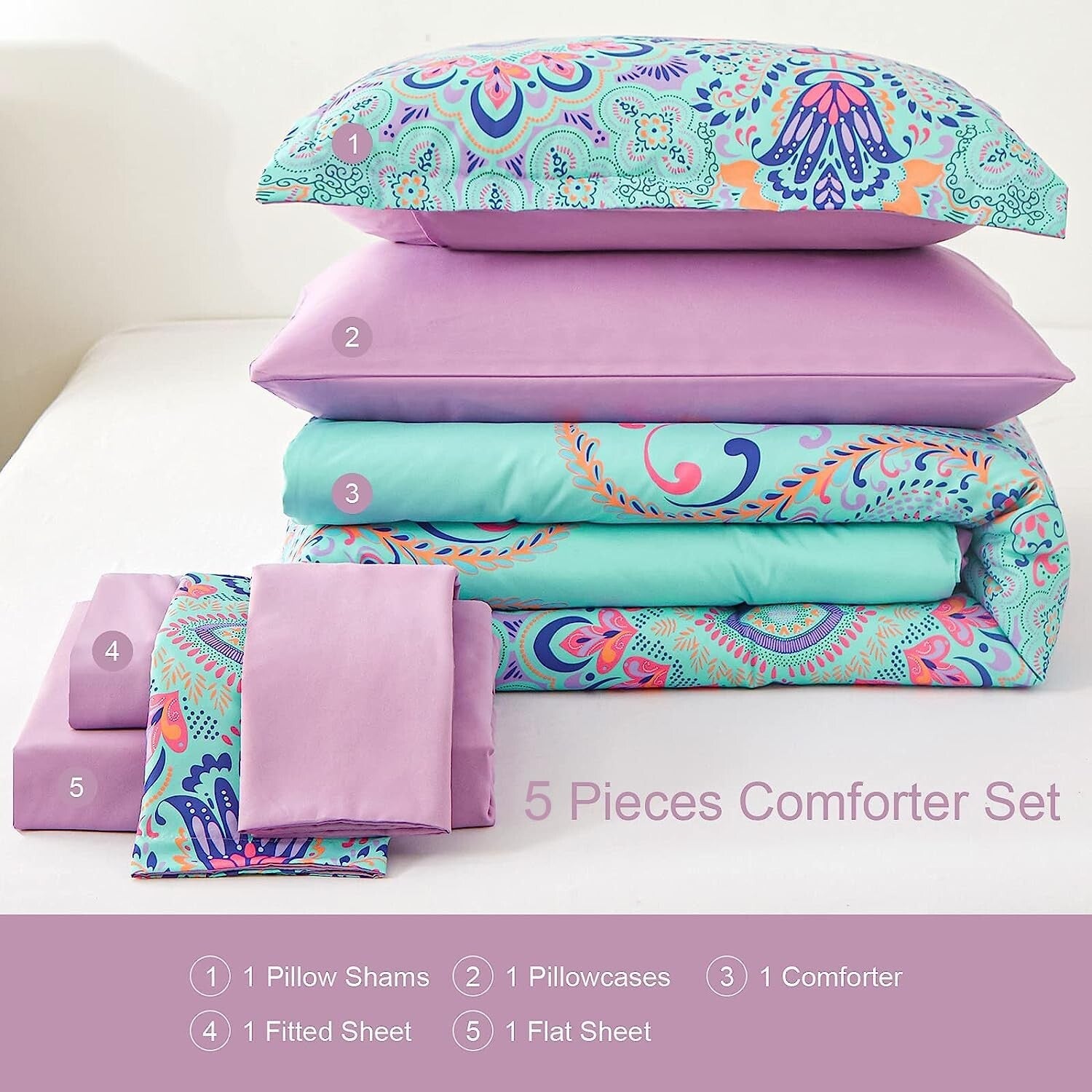 Twin 5-Piece Comforter Set – Boho Aqua & Lilac Damask, Bed-in-a-Bag, Includes Sheets & Shams
