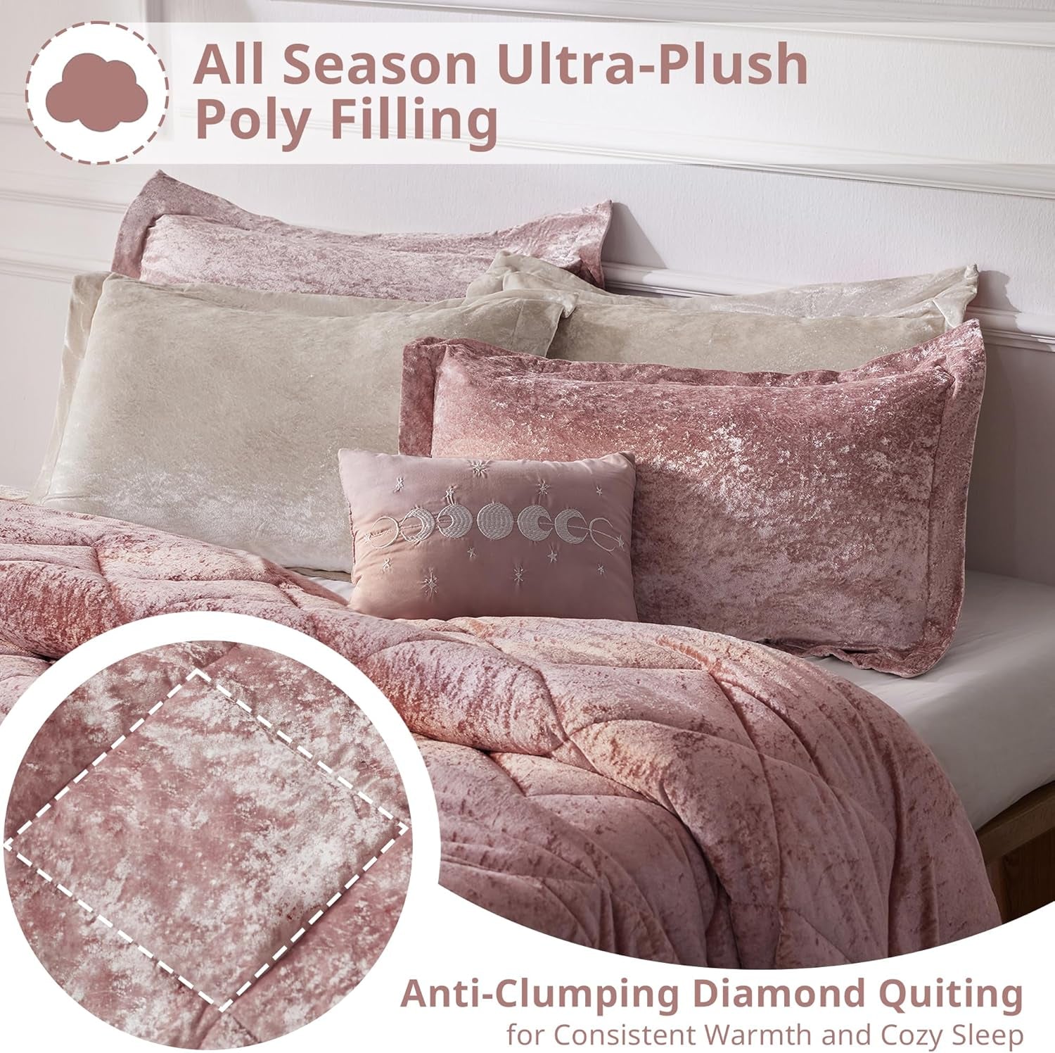Velvet Comforter Set Full/Queen – 4-Piece All-Season Diamond Quilted Bedding, Blush