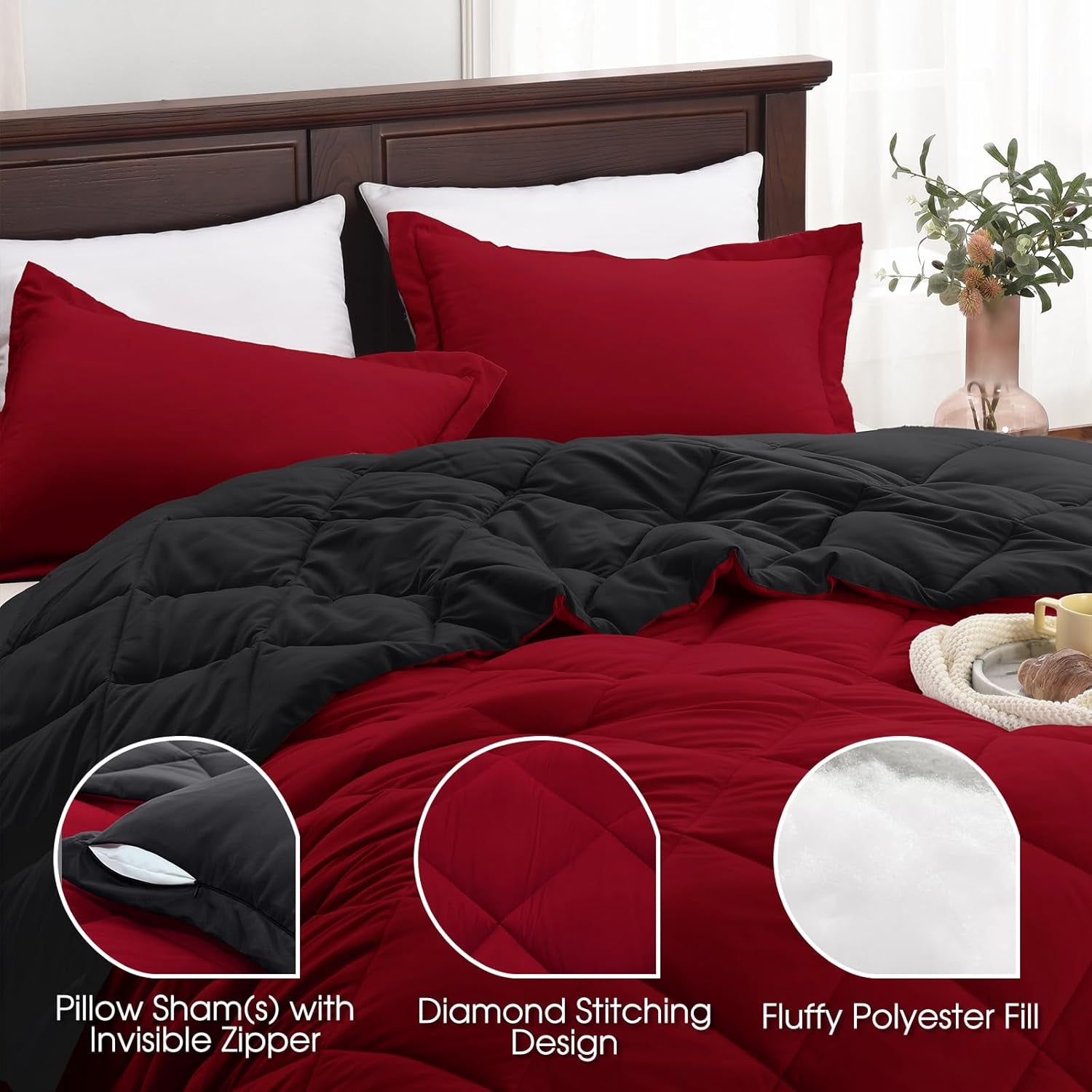 Queen Comforter Set – Reversible Red & Black All-Season Bedding with 2 Pillow Shams