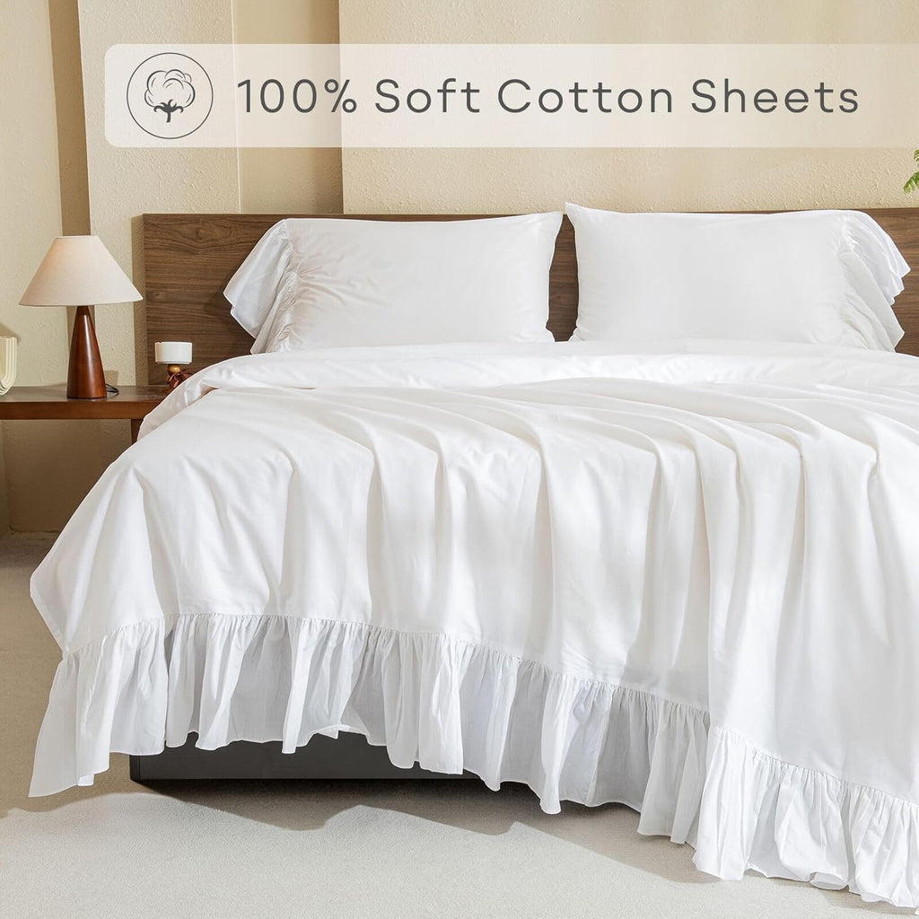 King Sheet Set – 4-Piece Cotton, White Ruffles, Soft & Breathable