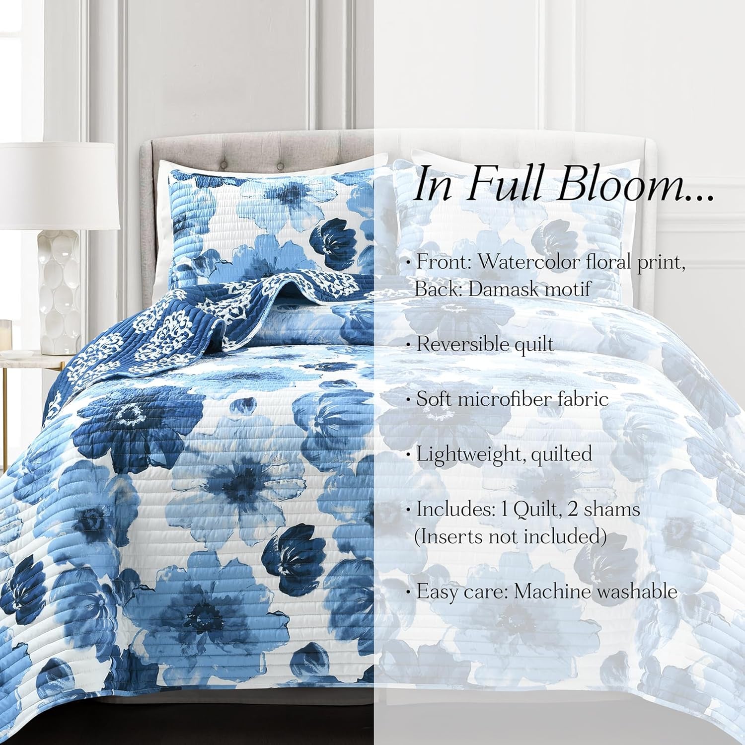 Leah Reversible Floral Quilt Set – King Size, 3 Pieces