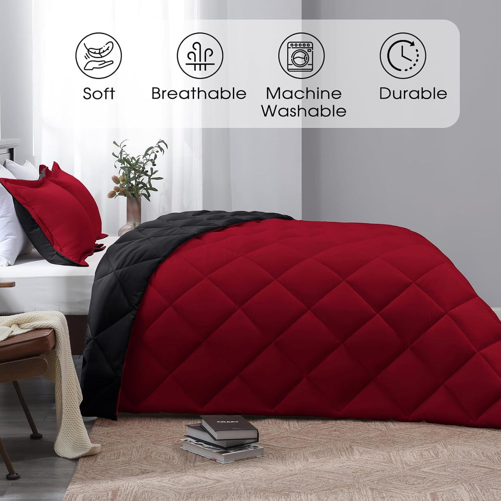 Queen Comforter Set – Reversible Red & Black All-Season Bedding with 2 Pillow Shams