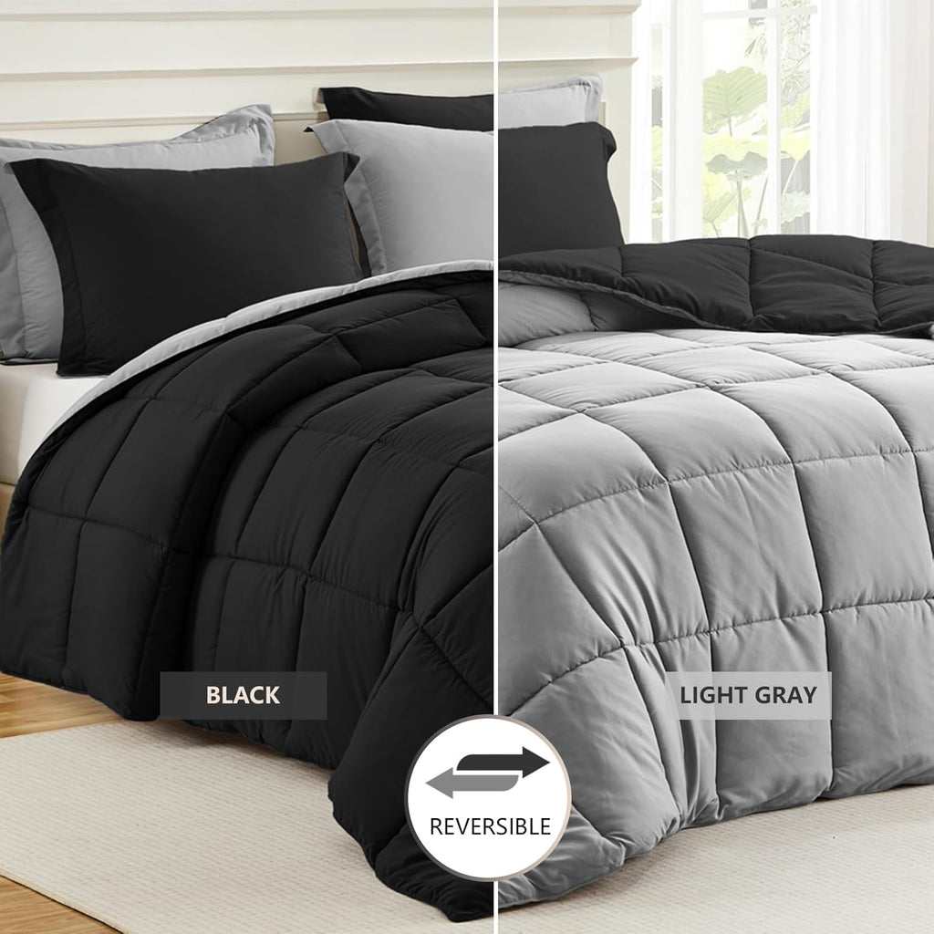 King Reversible Comforter Set – Black/Grey, Lightweight All-Season 3-Piece Bedding