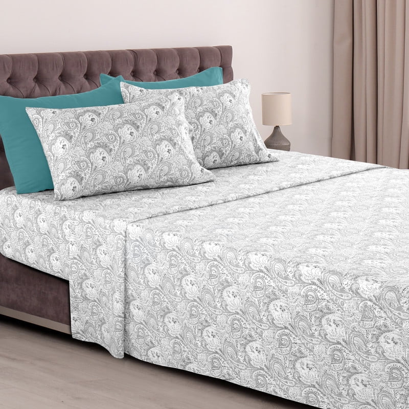 Elegant Paisley Microfiber Bed Sheet Set – 6 Piece, Queen Size, White Gray Color
