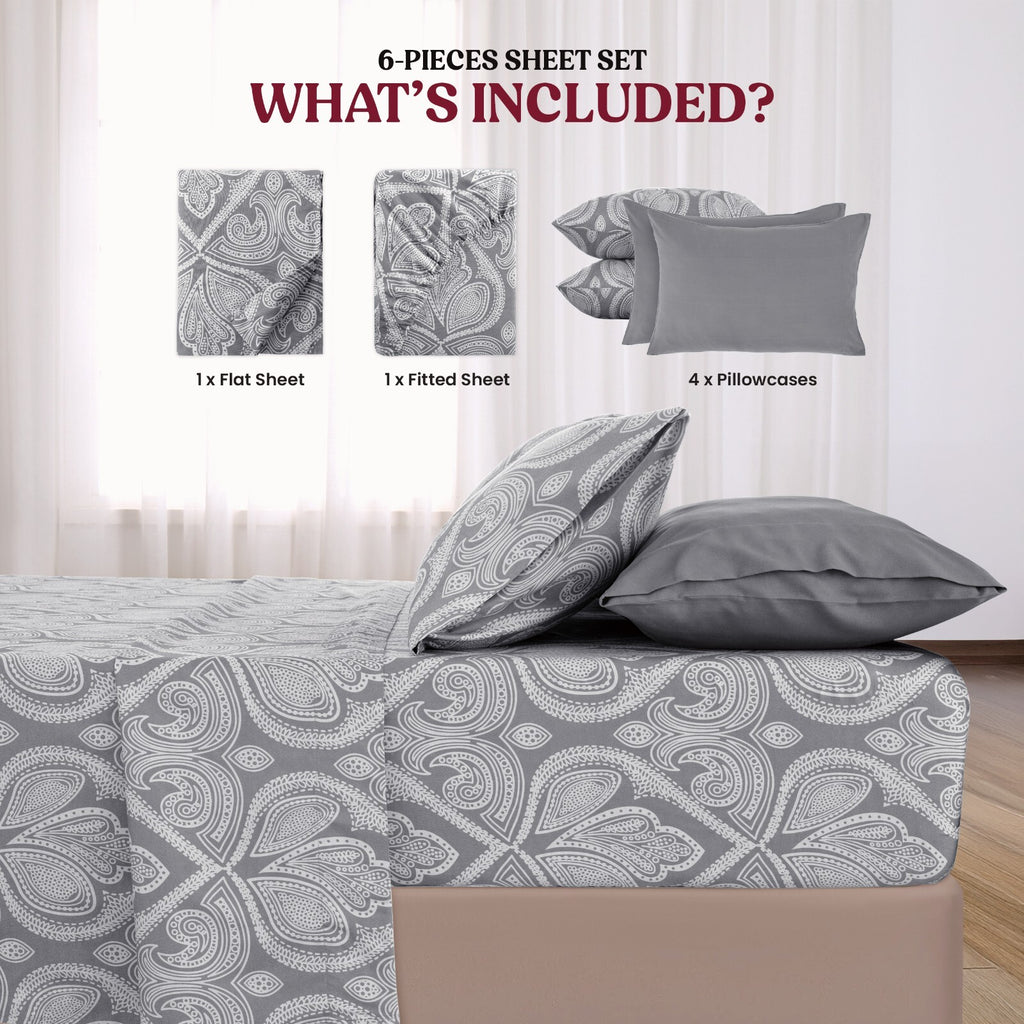 Luxury 1800 Series Microfiber Bed Sheet Set – 6 Piece Deep Pocket Paisley