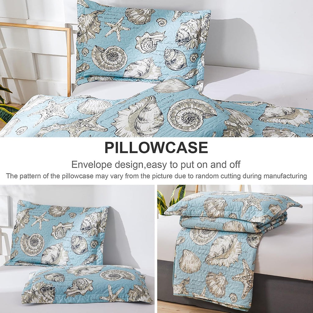 Twin Beach Quilt Set – 3-Piece Ocean Seashell Starfish Reversible Bedspread, Blue