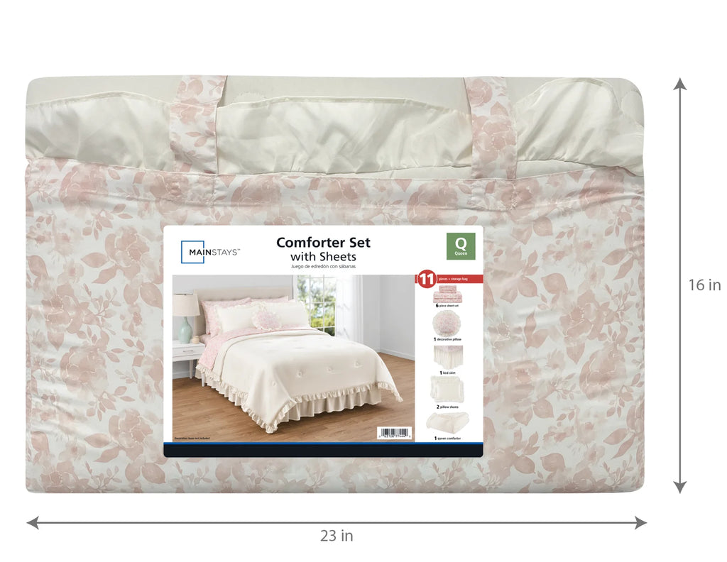 11-Piece Queen Bed-in-a-Bag Comforter Set – Cream Ruffle, Includes Sheets, Shams & Decorative Pillow