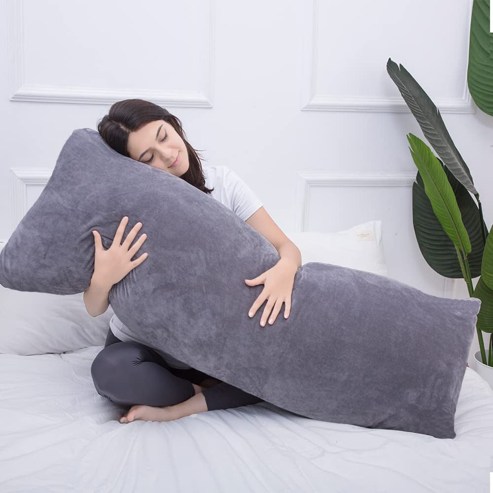 Full Body Pillow for Side Sleepers – Long Support Pillow with Velvet Cover, 20" x 54", Dark Grey
