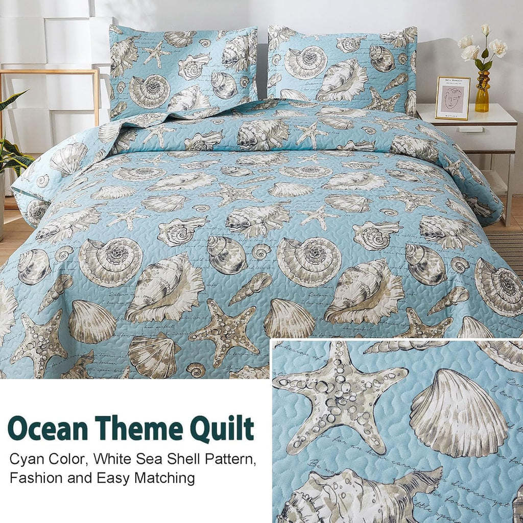 Twin Beach Quilt Set – 3-Piece Ocean Seashell Starfish Reversible Bedspread, Blue