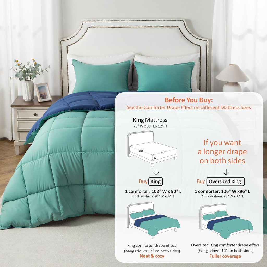 Luxury King Comforter Set, Reversible Two-Tone, Down Alternative, Ultra Soft, Lightweight & All-Season (Turquoise/Blue)