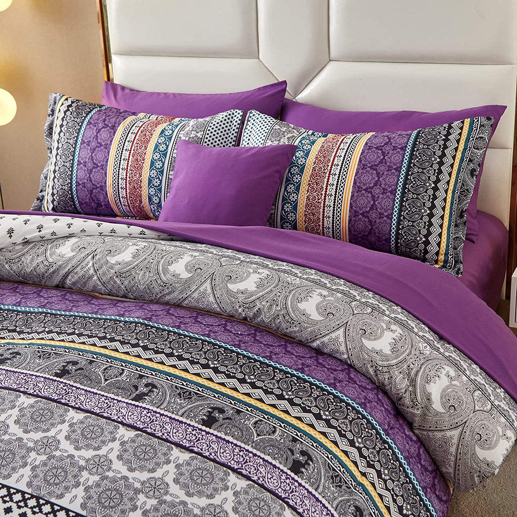 8-Piece Queen Bed-in-a-Bag Comforter Set – Boho Striped Purple, Includes Sheets & Shams