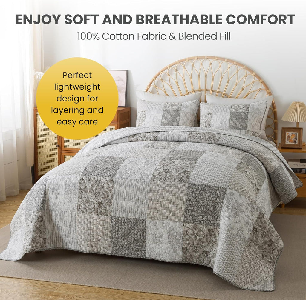 Silver Gray Queen Quilt Set – Lightweight Cotton, 3-Piece