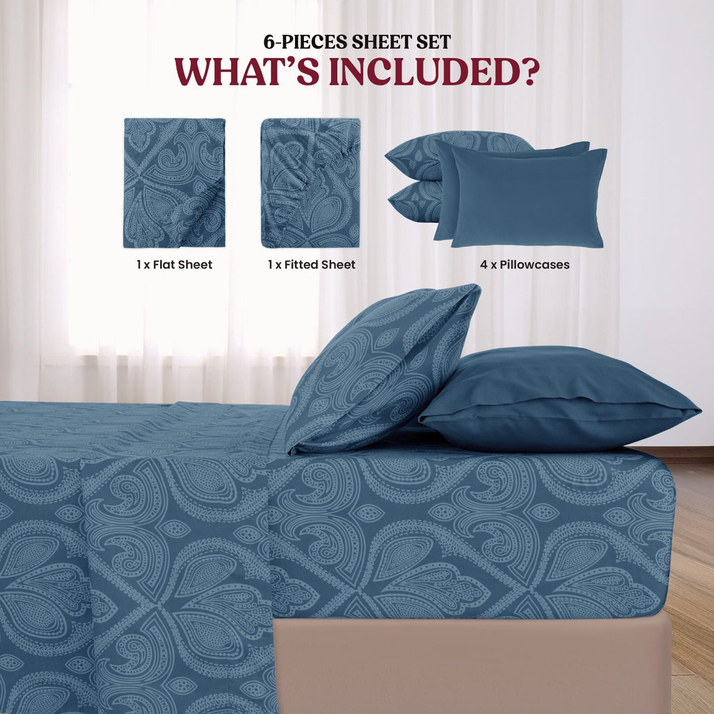 Luxury 1800 Series Microfiber Bed Sheet Set – 6 Piece Deep Pocket Paisley