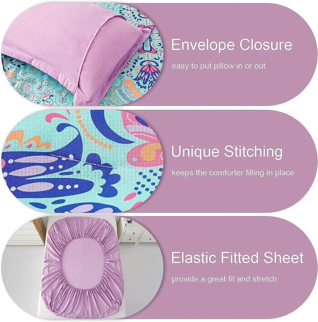 Twin 5-Piece Comforter Set – Boho Aqua & Lilac Damask, Bed-in-a-Bag, Includes Sheets & Shams