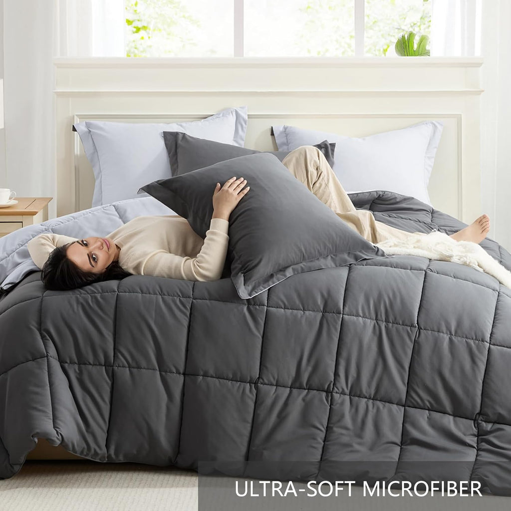Twin Comforter Set – Reversible Grey & Light Gray, Soft Lightweight Down Alternative, All-Season 2-Piece