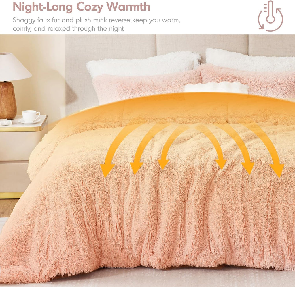 Full/Queen Shaggy Faux Fur Comforter Set – 3-Piece All-Season Cozy Down Alternative, Blush